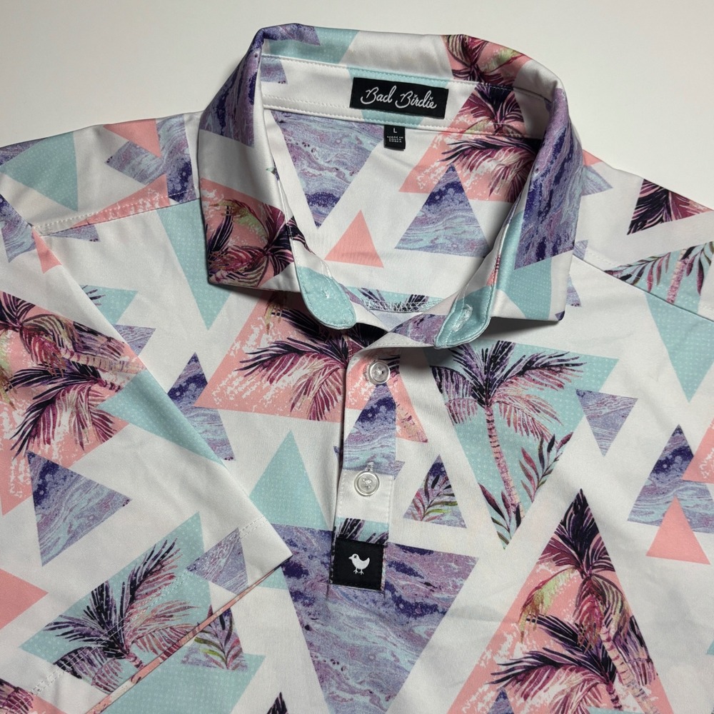 Bad Birdie Golf Performance Polo Mens L Palm Tree Geometric Pastel BeachShirt - Picture 1 of 7